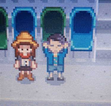 a pixel art drawing of a boy and a girl with the letter a on their shirts