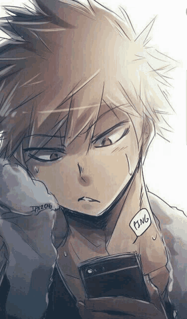 a drawing of a boy looking at a cell phone with a sign that says ting