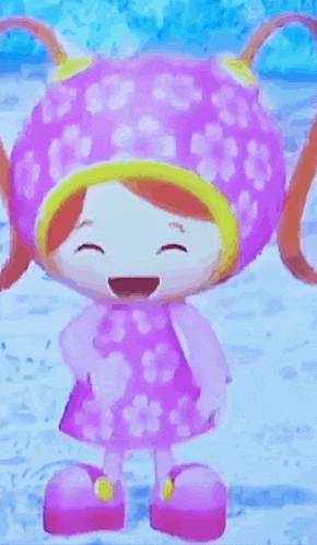 a cartoon girl wearing a pink dress and a pink hat is smiling