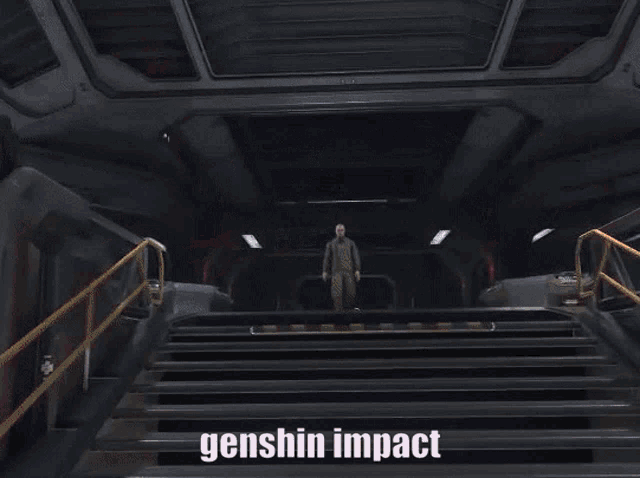 a man in a space suit is standing in a dark room with genshin impact written on the screen