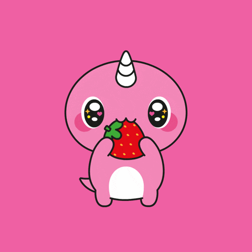 a pink unicorn eating a strawberry with a pink background