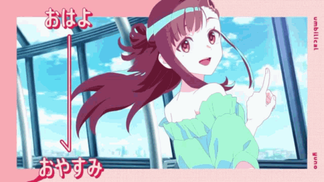 a girl with purple hair and a headband is pointing to the left