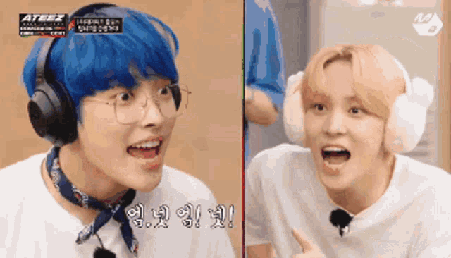 two boys wearing headphones and ear muffs are talking to each other