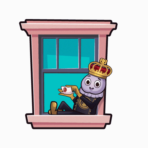 a cartoon character wearing a crown is sitting in a window