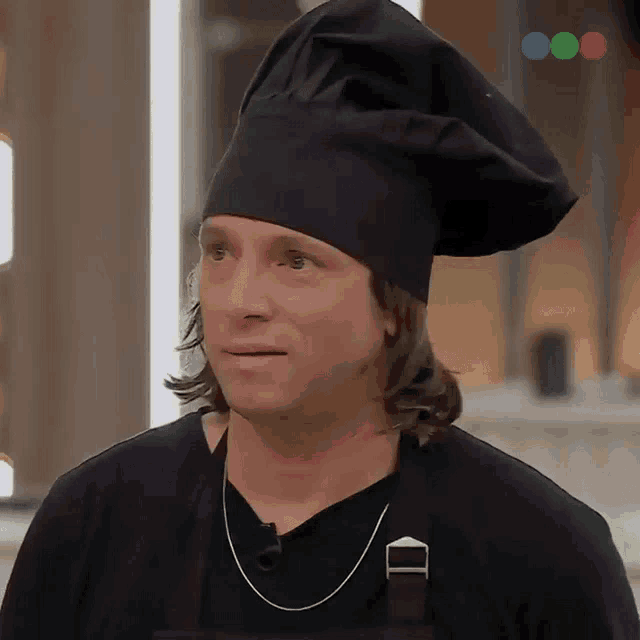a man wearing a chef 's hat and apron looks to the side