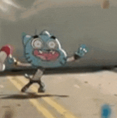 a cartoon character from the amazing world of gumball is walking down a street .