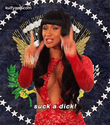 a woman in a red dress is making a peace sign and saying suck a dick .