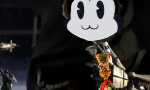 a cartoon character is holding a trophy with the number 3 on it