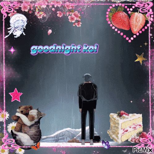 a picture of a man standing next to a cat and a cake that says goodnight