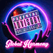 a parental advisory explicit content sign is surrounded by glowing hands holding a globe