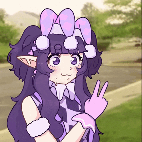a drawing of a girl with purple hair and bunny ears giving the peace sign