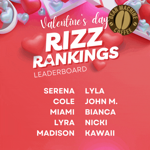 a valentine 's day rizz rankings leaderboard with hearts on the background