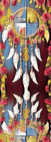 a painting of a dream catcher with roses and feathers