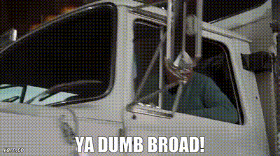 a man in a viking helmet is driving a truck and says ya dumb broad !