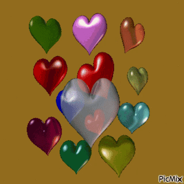 a bunch of different colored hearts on a brown background with picmix in the corner