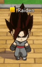 a cartoon character is standing on a wooden floor with the name raiden on it .