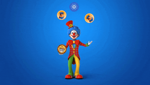 a cartoon clown is juggling three balls with a coin in his hand