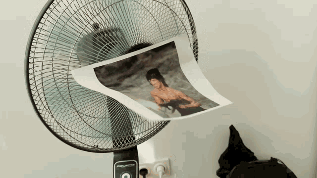a rowenta fan with a picture of bruce lee behind it