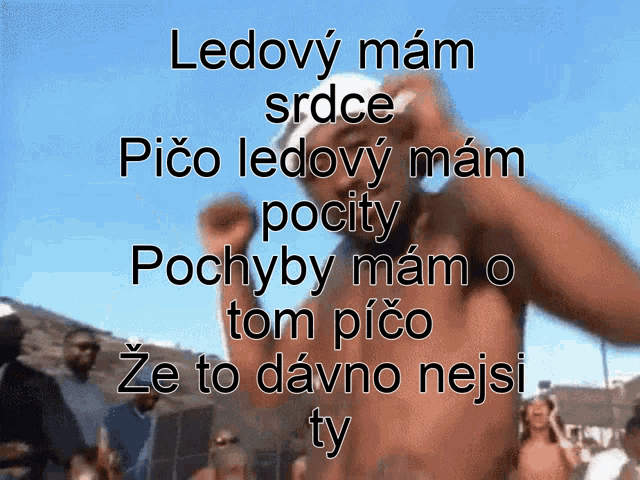 a man without a shirt is standing in front of a crowd with a caption that says " ledovy mam srdce " on it