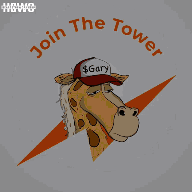 a cartoon giraffe wearing a hat that says gary