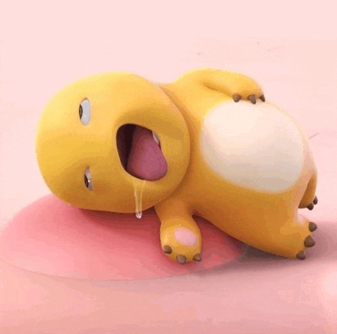 a yellow cartoon dinosaur is laying on its back with its mouth open and drooling .