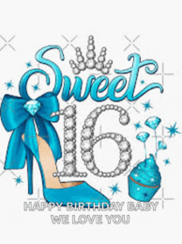 a sweet 16 birthday card with a high heel , cupcake , and a crown .