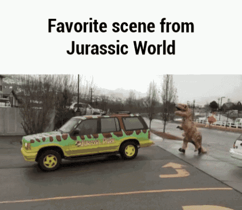 a picture of a jurassic world car with a t-rex in it