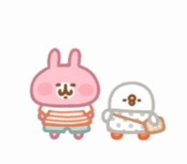 a cartoon of a pink rabbit and a white duck with chinese writing