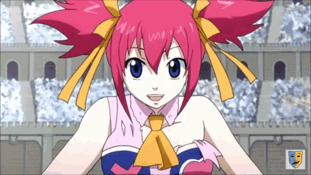 a picture of a girl with pink hair and a shield that says ' fairy tail ' on it