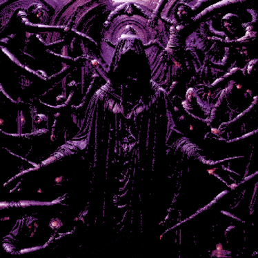 a pixel art of a man in a hooded cloak surrounded by demons