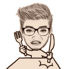a man with glasses is holding a fork and knife .