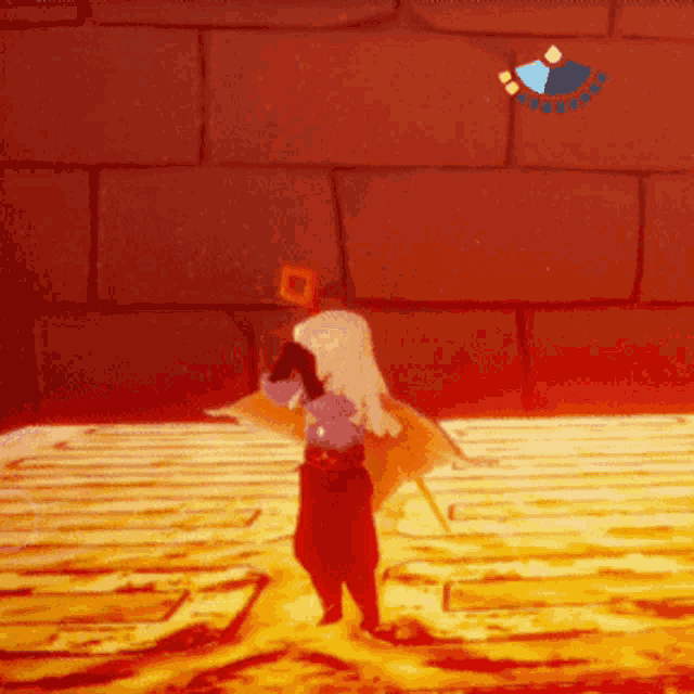 a cartoon character is standing in front of a brick wall in a game