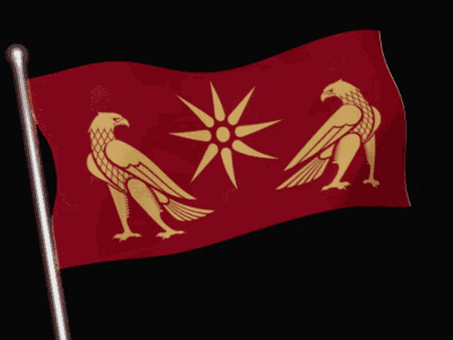 a red flag with two birds and a sun on it