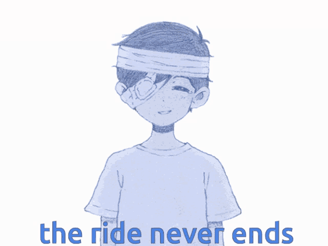 a drawing of a boy with a bandage on his head and the words the ride never ends below him