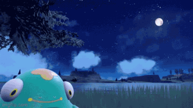 a frog is standing in front of a lake at night
