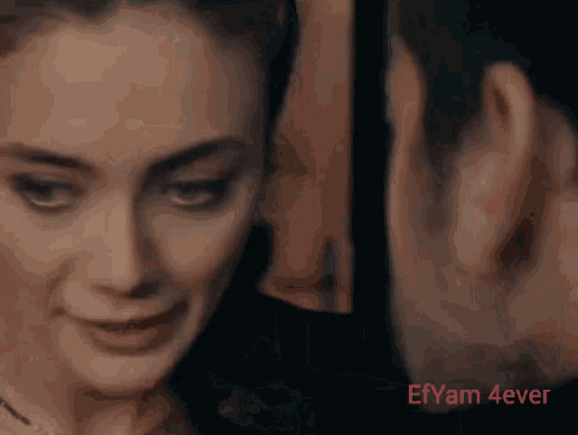 a close up of a woman 's face and a man 's ear with the words efyam 4ever written below it