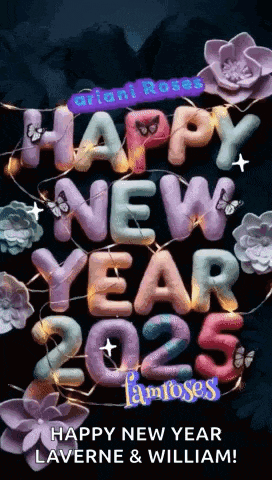 a happy new year poster with flowers and butterflies