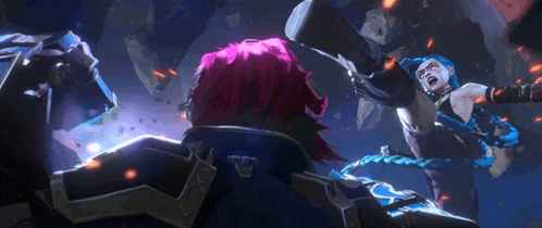 a woman with pink hair is kicking another woman