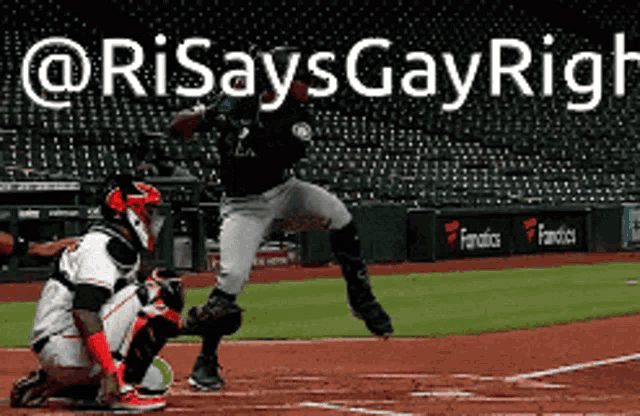 a baseball player is getting ready to hit a ball with a caption that says @risaysgay rigl