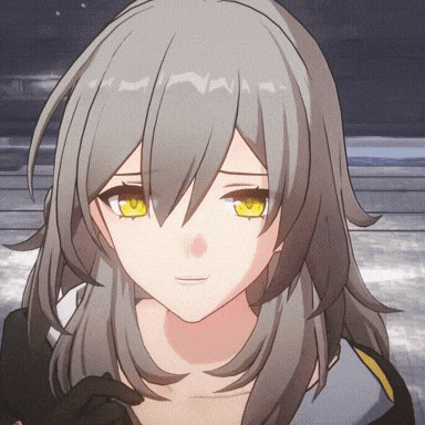 a girl with gray hair and yellow eyes looks at the camera