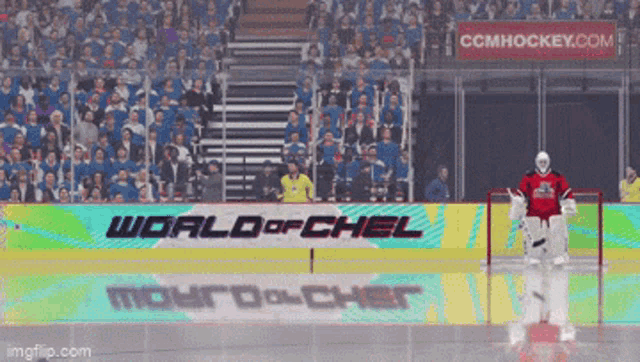 a hockey goalie stands on the ice in front of a banner for world of chel