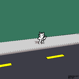 a pixel art of a cat standing on a sidewalk