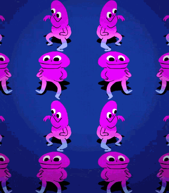 a blue background with a pattern of purple cartoon characters