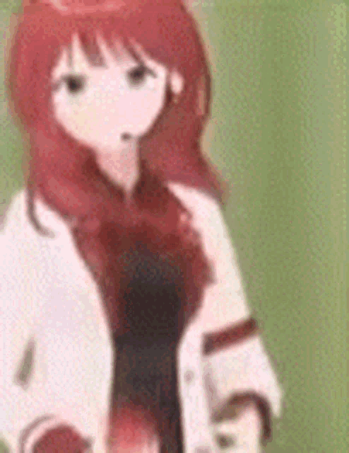 a blurry picture of a girl with red hair wearing a white coat and a black shirt .
