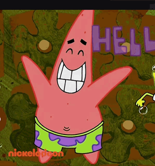 patrick star from spongebob squarepants is smiling with the word hello behind him
