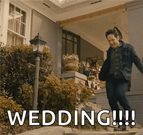 a man is running down the steps of a house with the words wedding written on the sidewalk