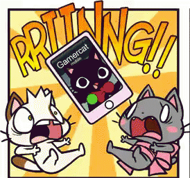a cartoon of two cats and a cell phone that says gamercat mobile