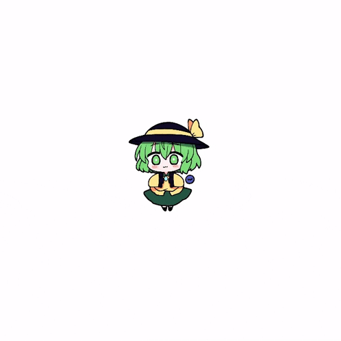 a cartoon of a girl with green hair and a hat