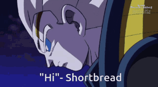 a cartoon character says " hi " shortbread in a dark background