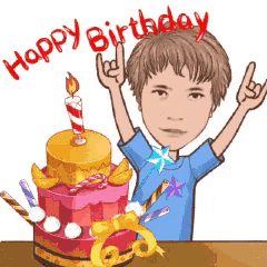 a cartoon boy is celebrating his birthday with a birthday cake